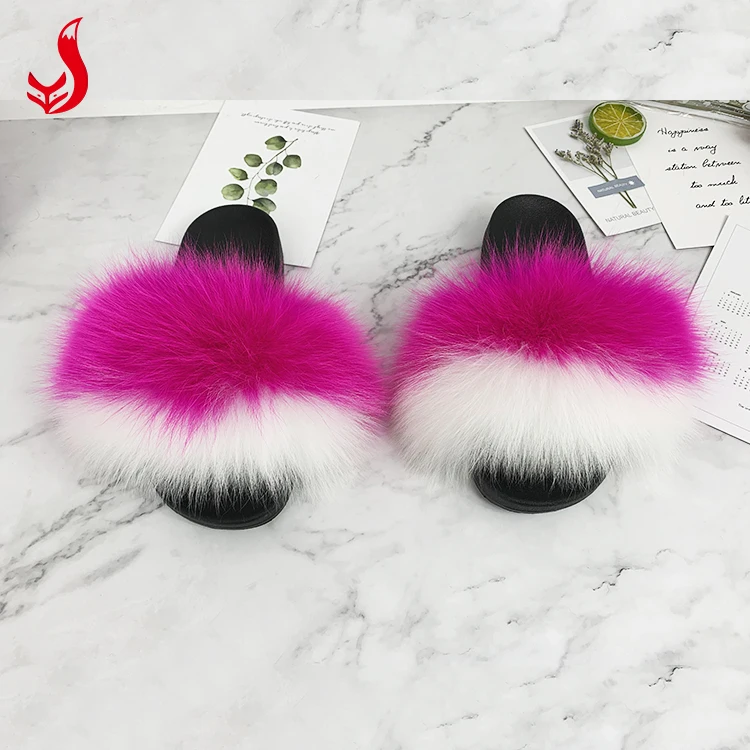 
Wholesale Indoor Women Real Raccoon Mink Sandals Fox Fur Slides Slippers with Custom Logo 