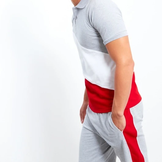 

2021 Summer Men's Sets Stripe Color Patchwork Gym Shorts and Polo Neck Short Sleeve T Shirts