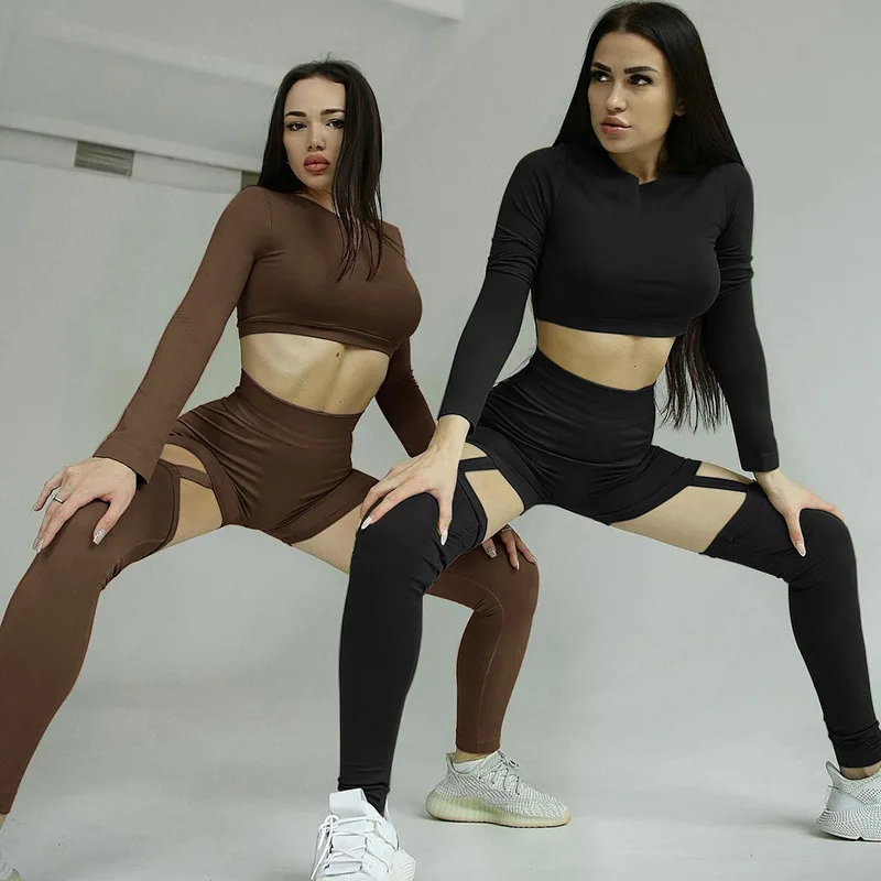 

New arrivals cotton polyester women clothing Long Sleeve Hollow out crop tops fitness two piece set