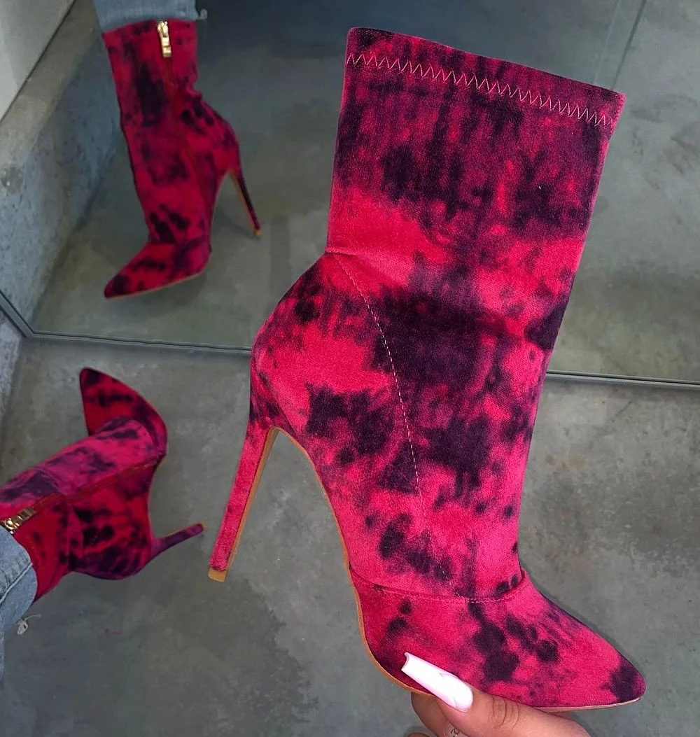 

Western Style Sexy Women Dress Shoes Fashion Tie-Dye Stretchy Fabric Red Stiletto For Ladies Girls Party High Heel Ankle Boots