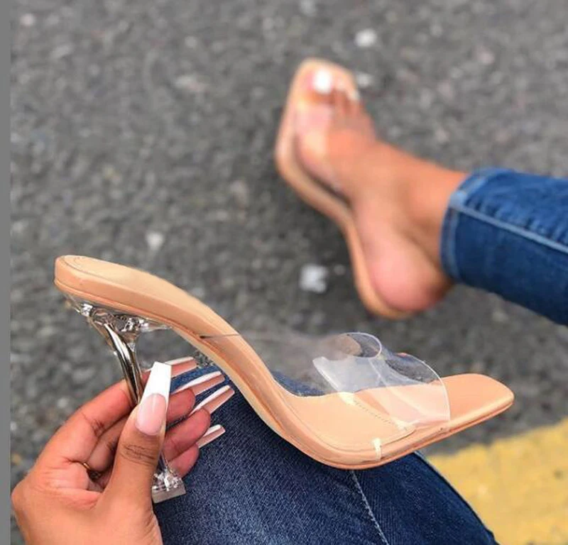 

New summer PVC Jelly Slippers Crystal Open Toe Perspex High Heels Crystal Women Transparent Heel Pumps Ladies Sandals Size 35-42