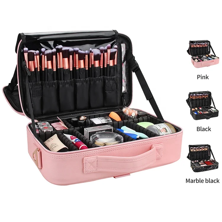 

Dropshipping Relavel Hot Sale Professional 3 Layers Portable Pink PU Travel Makeup Bag Cosmetic Bag