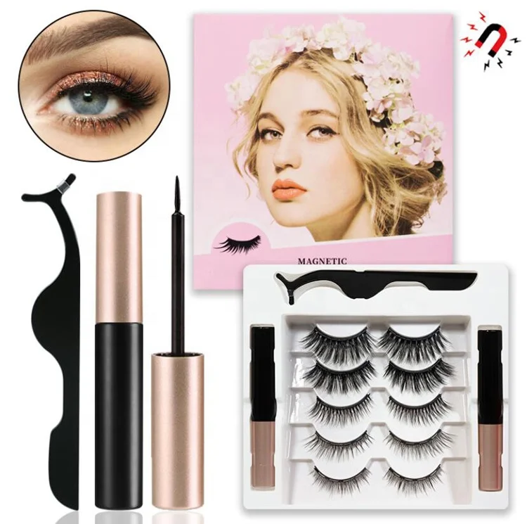 

Private Label Custom 25MM Magnets Powerful Mink Eye Lashes False Extension 5 Pairs 3D Magnetic Eyelashes Kit, Black