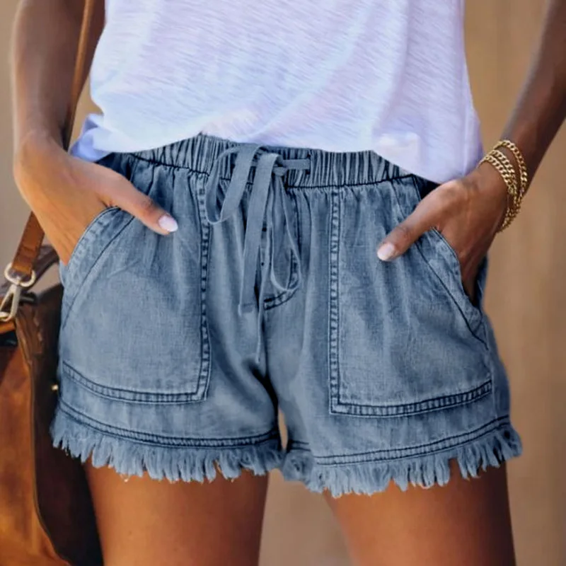 women shorts causal elastic waist pockets ladies judy jeans short pants summer with drawstring