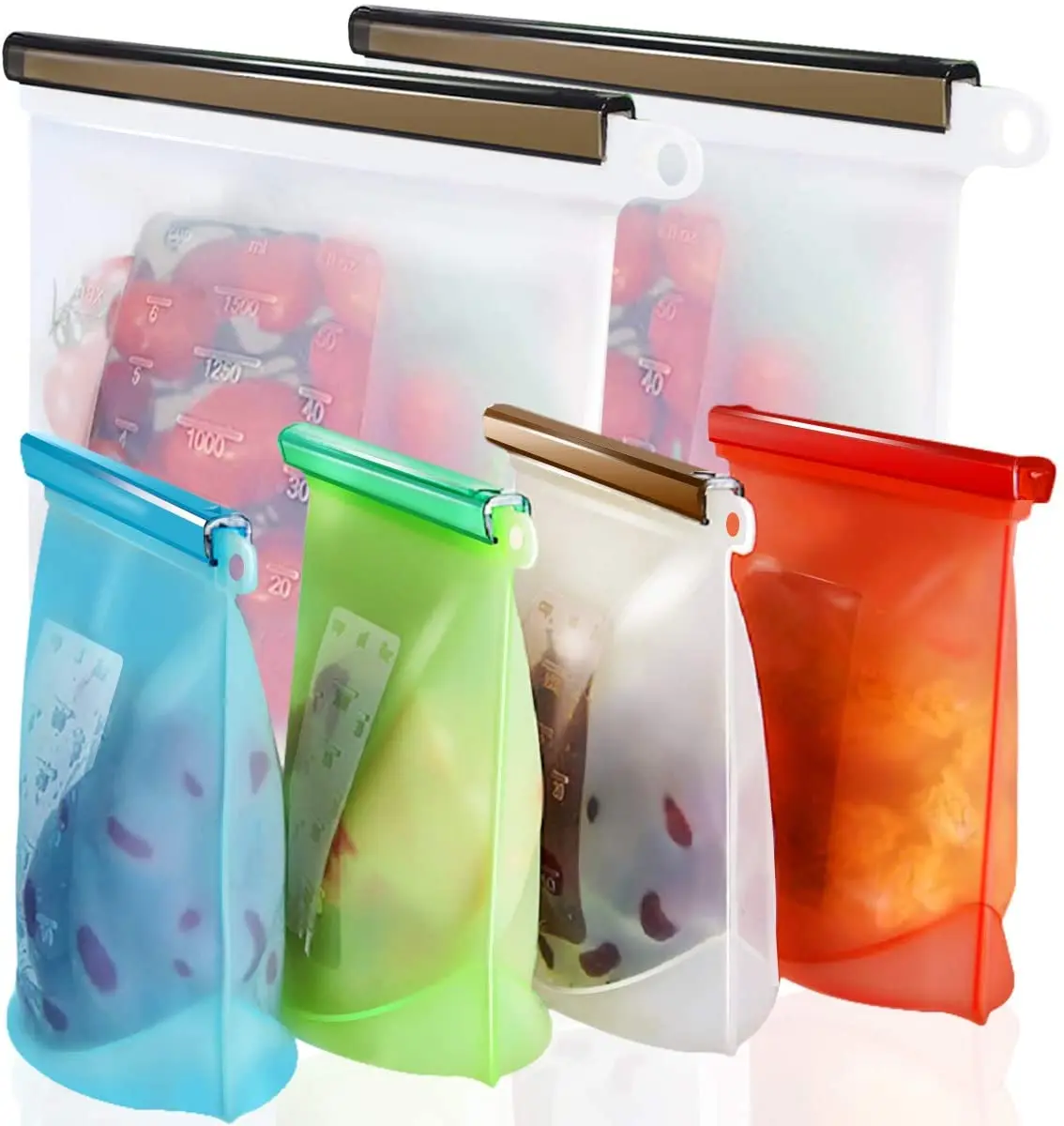 

Resealable Bpa Free Custom Fridge Preservation Fresh-Keeping Food Snack Bags Silicone Food Storage Bag With Zipper, Blue, red, green and white
