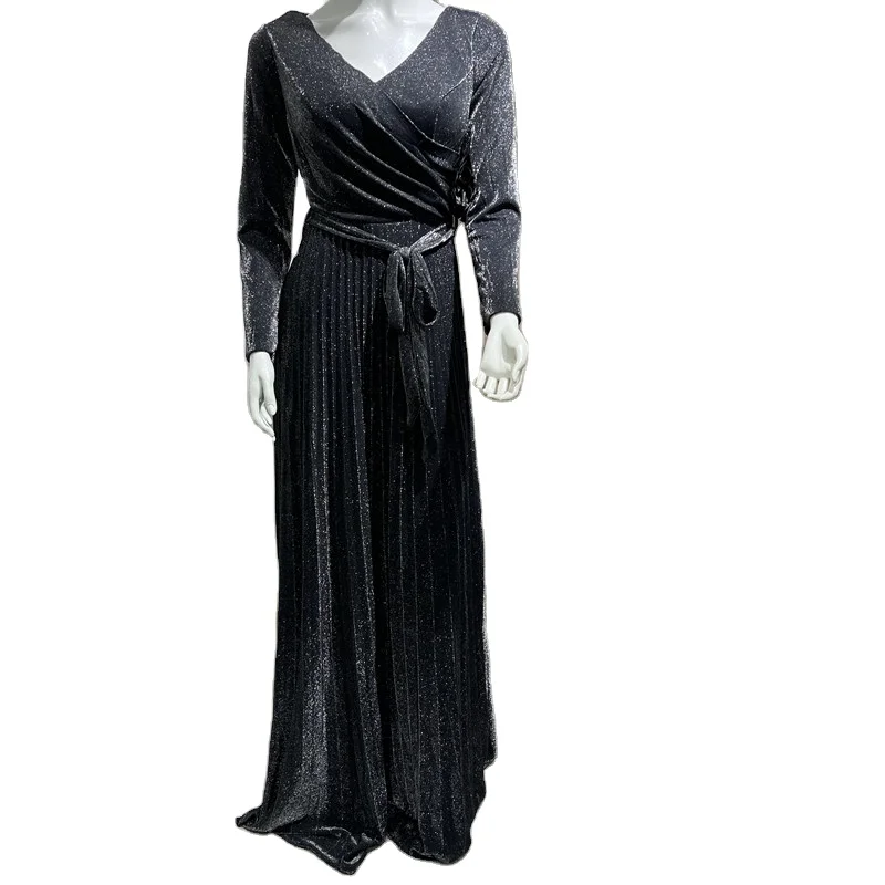 

High Quality Ladies Shine Streach Materail V Neck Long Sleeve Women Gown Party Formal Pink Washable Long Evening Dresses, As model colour