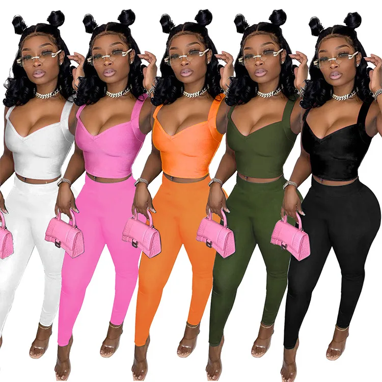 

2021 Summer New Arrival Solid Color Spaghetti Strap Crop Top Sexy Sleeveless Slim Fit Two-piece Suit