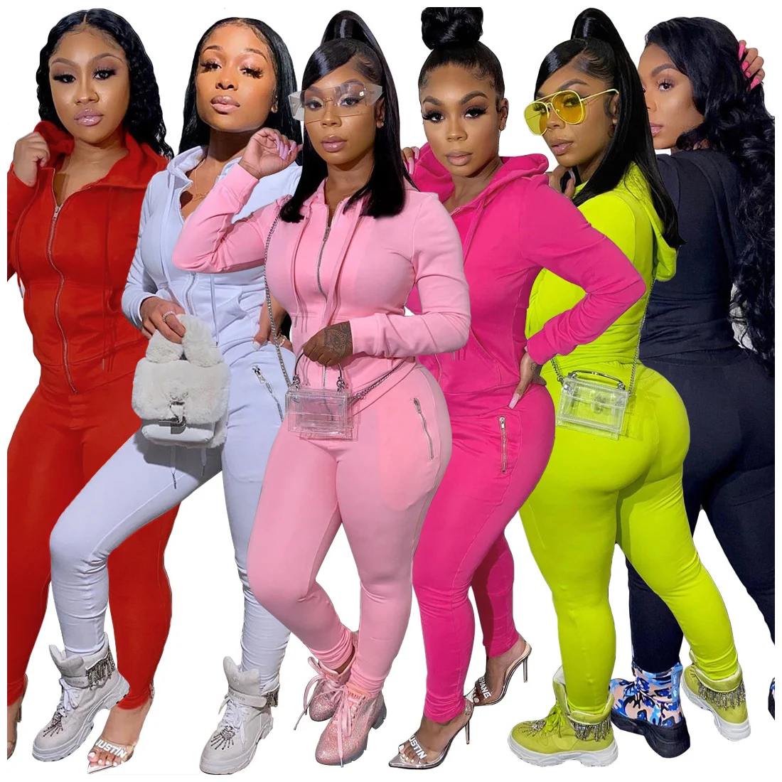 

Fall Clothing 2021 2 Piece Pants Set Custom Logo Women Solid Color Sports Zip Pockets Hoodies Sweatshirt Two Piece Pants Set, Picture color