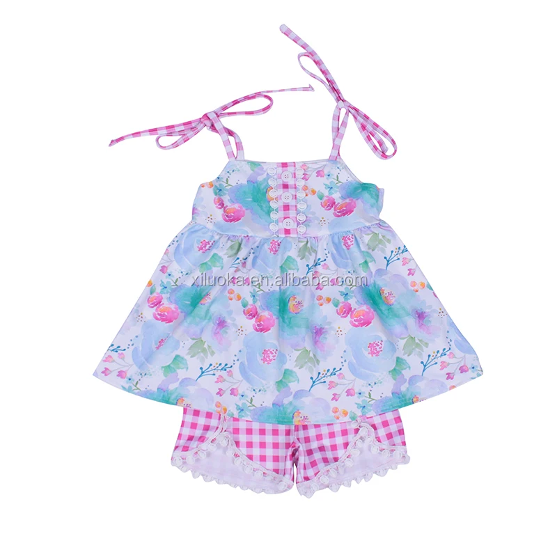 

High Quantity Floral Outfit Lace Plaid Short Pants Summer Baby Girl Clothes, Picture