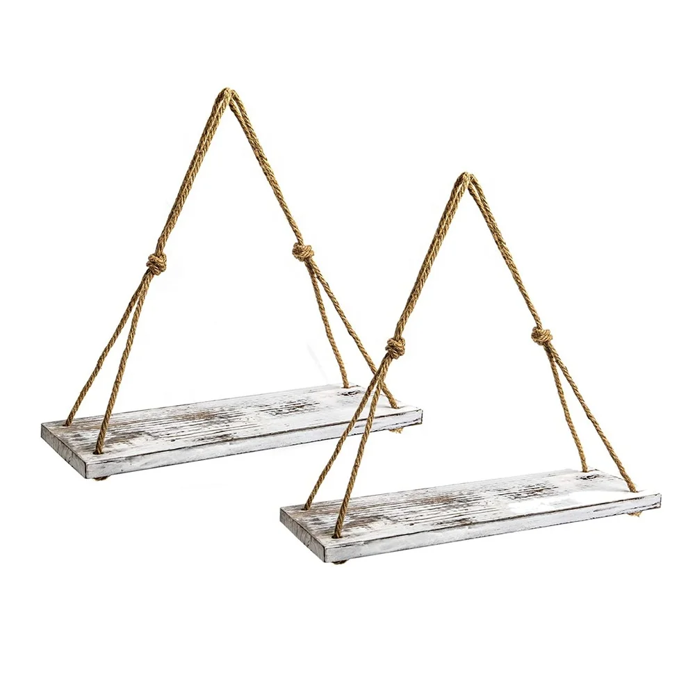 
OEM and ODM 17' Rustic white Wood Wall Hanging Rope Shelves for Living Room Bedroom and Kitchen 