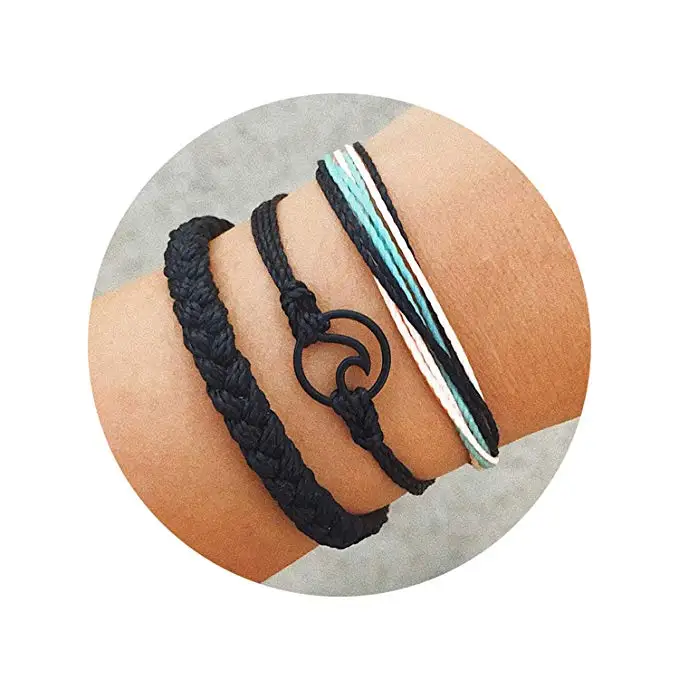 

3pcs/set  Black Wax Rope Braided Bracelet Handmade Woven Friendship Wave Bracelet for Couple, As pictures