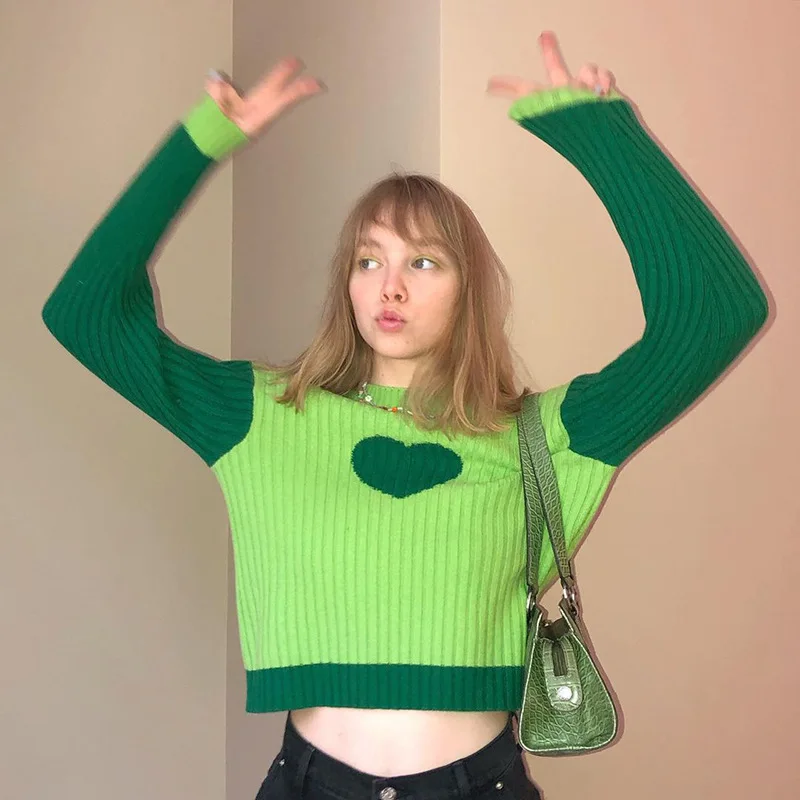 

2021 fashion active wear cropped heart two tone green colorblock women turtleneck sweater, As picture