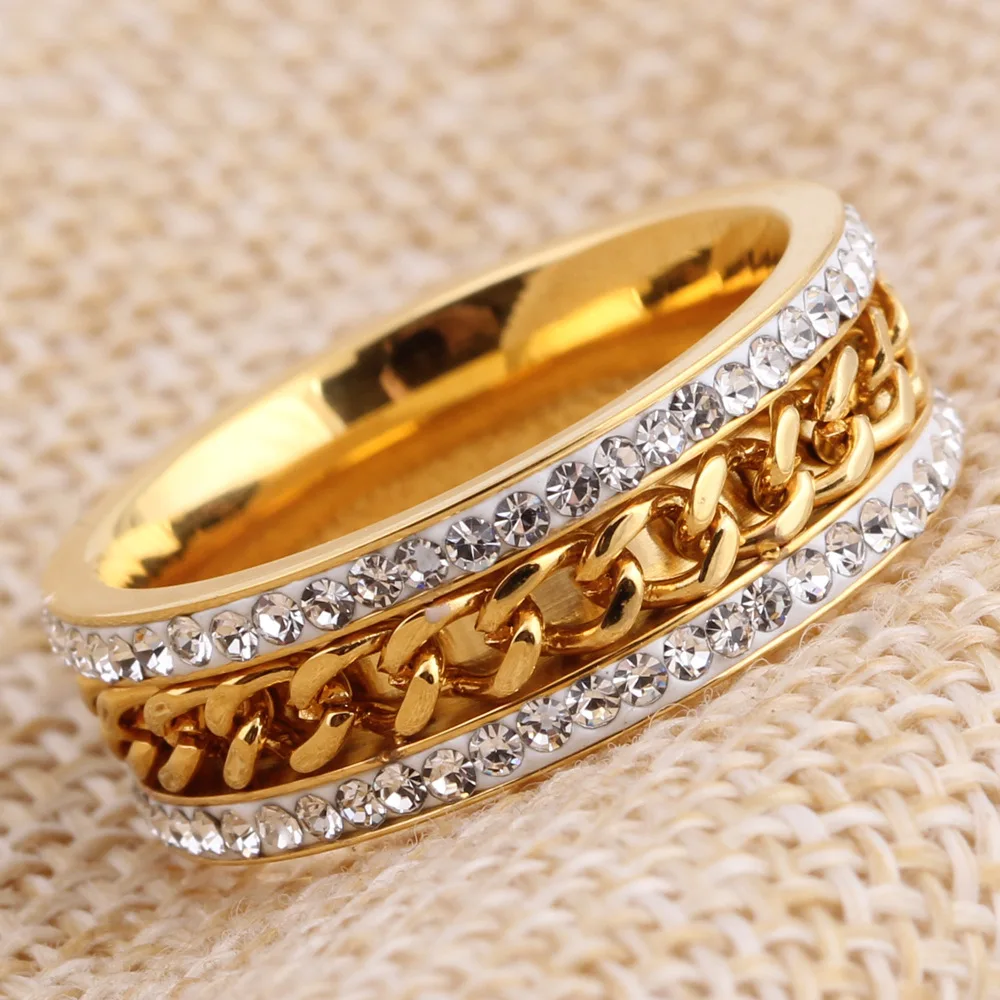 

HONGTONG Factory Wholesale Amazon Hot Sale Fashion Jewelry Personality Two-Row Diamond Gold Plating Middle Chain Ring, Picture shows