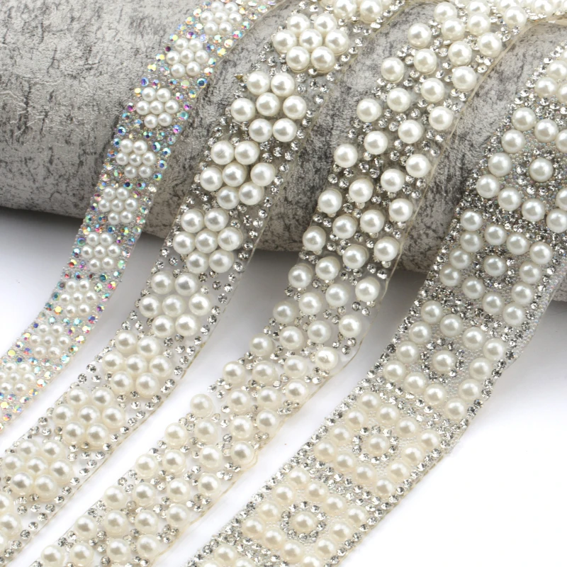 
1Yard ABS Round Pearl Beads Trim rhinestone Decoration Sewing Trim Crystal Hot Fix Rhinestone With Iron On Appliques For Dress 