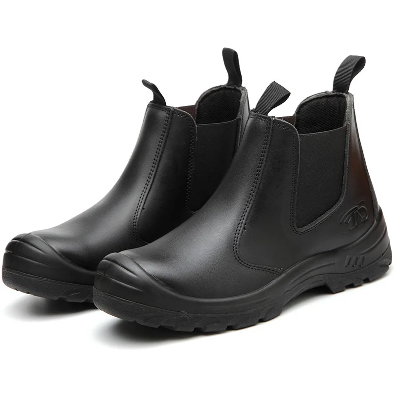 Fashion Black Leather Waterproof Oil Resistant Winter Outdoor No Lace Work Boots Casual Steel Toe Safety Shoes Women Men