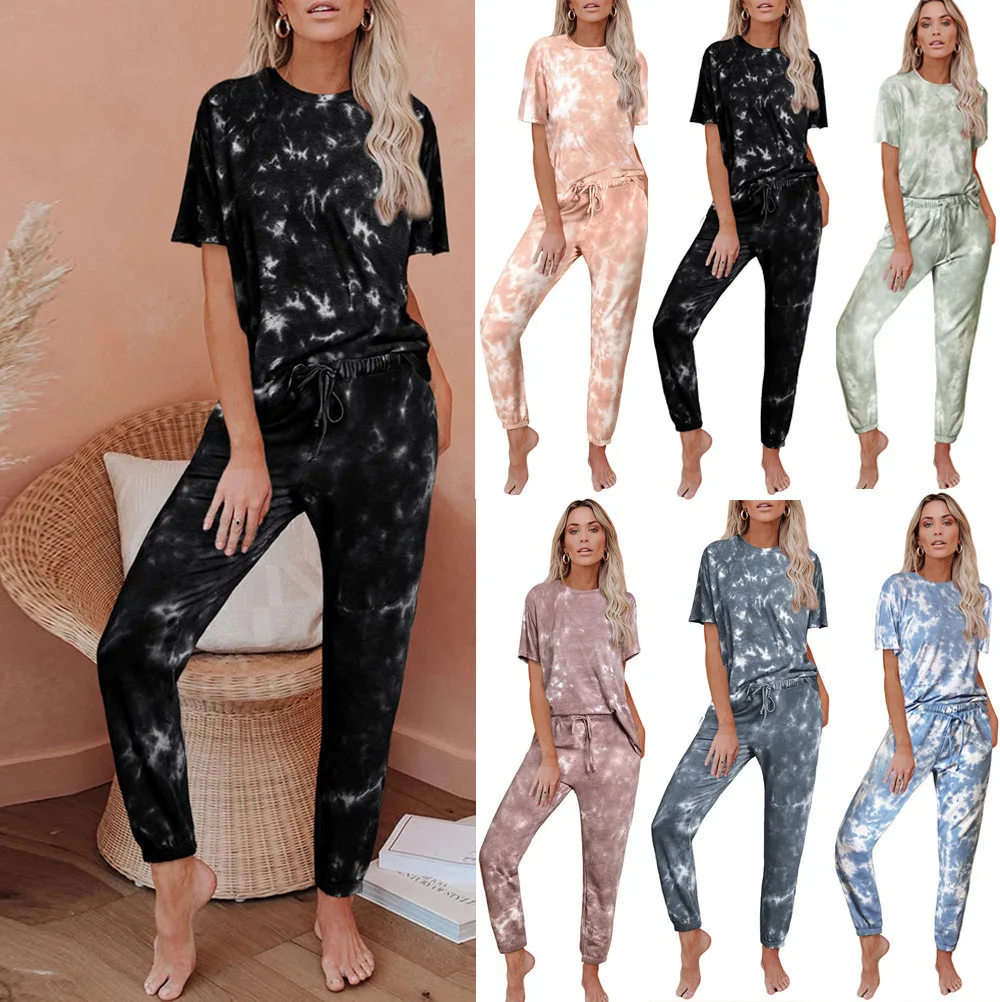 

WW-0262 Ms short sleeve pajamas loose gradient printing comfortable household to takeoneise pajamas for t shirt women cozy set, Same as picture