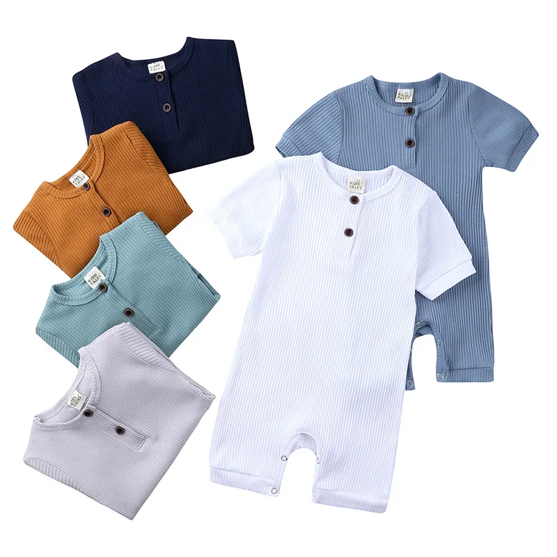 

RTS Children clothing solid color one-piece summer short-sleeved new baby bag fart climbing infant toddlers clothes romper, As pic