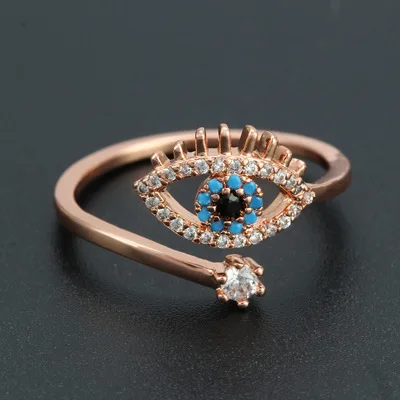 

2021 Valentines Gift 18K Gold Plated CZ Eye Finger Ring Open Adjustable Turkish Blue Zircon Evil Eyes Ring For Women Girls
