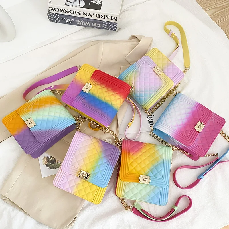 

2021 Trendy Girls Crossbody Chain Multicolors Jelly Shoulder Hand Bags Women Handbags Ladies Purse, 6 colors