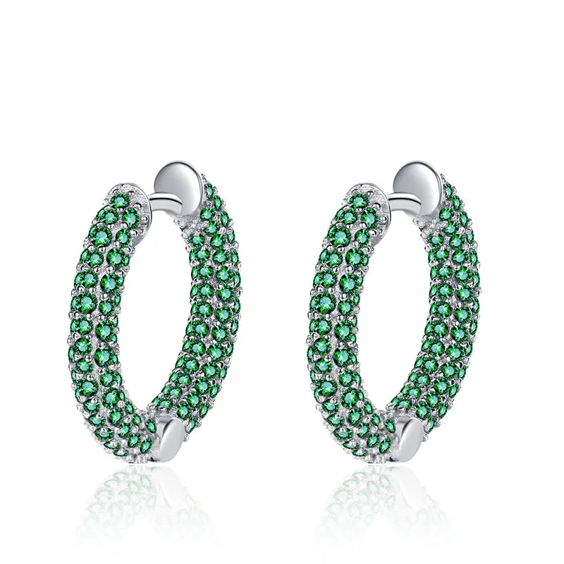 

New Trendy 925 Sterling Silver 3 Colors Round Blue Cubic Zirconia Micro Inserting Green Zircon Hoop Earrings