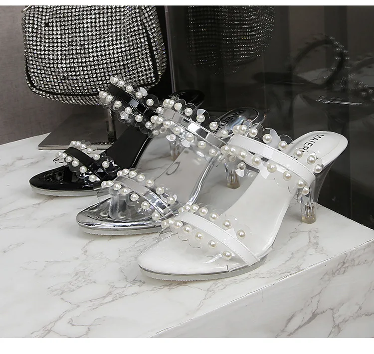 

Summer Sandals And Slippers Women's New Fashion Pearl Word Transparent Ladies High Heels