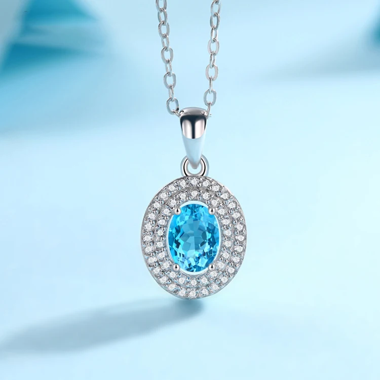 

New Arrival Classic Style 925 Sterling Silver 1 Carat Oval Blue Topaz Necklace For Woman Fine Quality Lady Necklace Jewelry