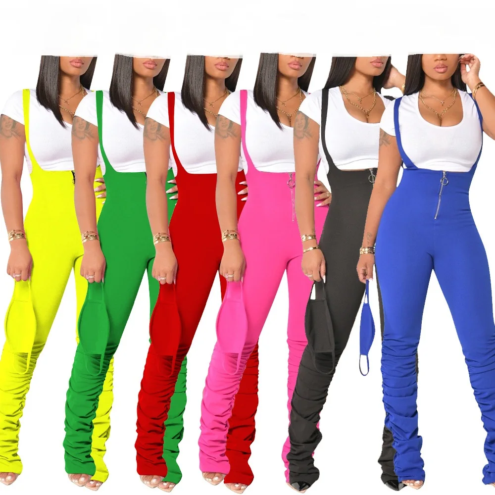 

Bodycon Zipper Ruched Pleated stacked pants with Suspender Jumpsuit Outfits plus size Streetwear Summer new skinny jumpsuit