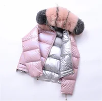 

90 White Duck Feather Puffer Coat Down Jacket Coat Lady Shiny Real Fox Fur Collar Double Face Silver Winter Women Down Jacket