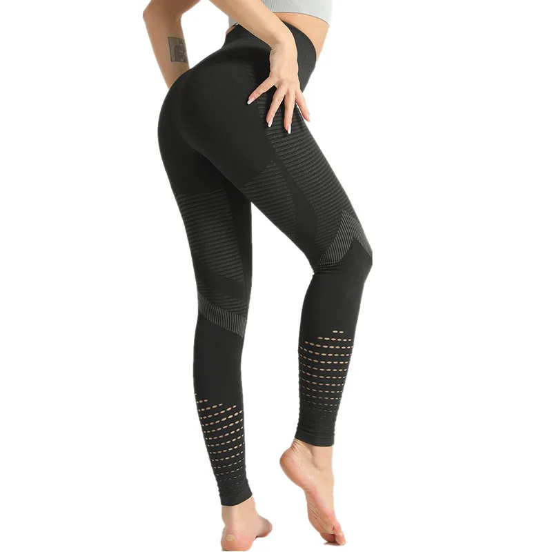 

2021 Explosive European and American Peach Hips High Waist Thin Feet Striped Hollow Yoga Seamless Leggings Women, Black,pink,gray,red,green