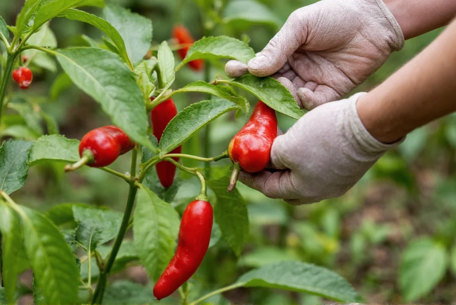 Gardener harvesting ghost peppers with protective gloves in garden