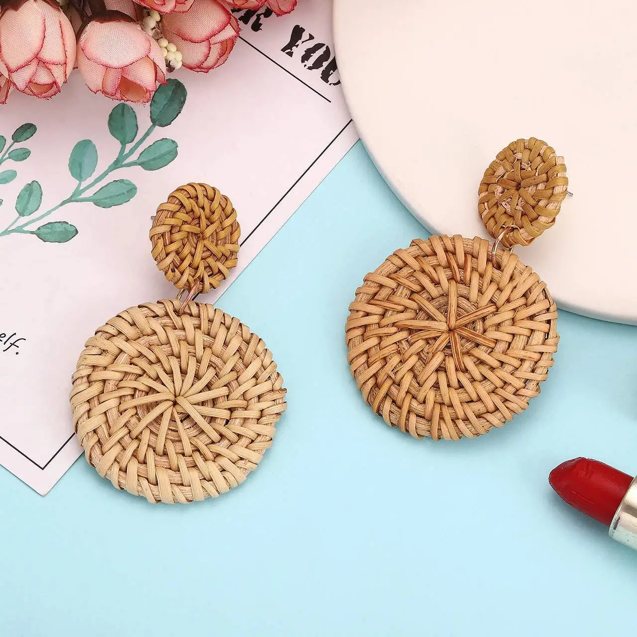 

SHARON SH524 Ethnic Style Retro Round Rattan Double Round Handmade Ladies Earrings Charm Earrings Antique Gold Plated Trendy