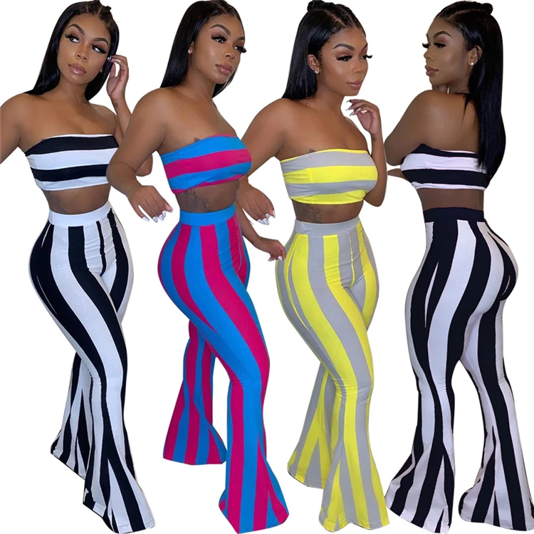 

Striped Summer Wear 2 Piece Set Wide Leg Outfits Sexy Matching Sets Women Clothing Two Piece Pants Set 2021