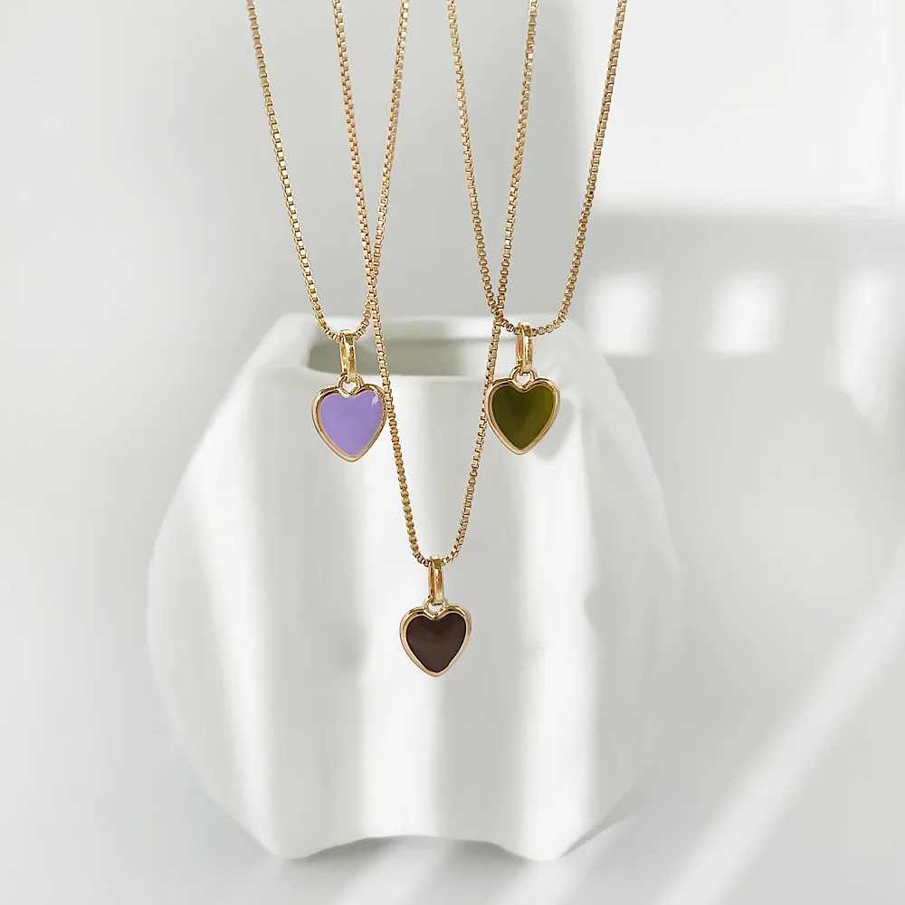 

New Design Colorful Enamel Heart Pendant Necklace Gold Tone Stainless Steel Oil Drop Heart Necklace