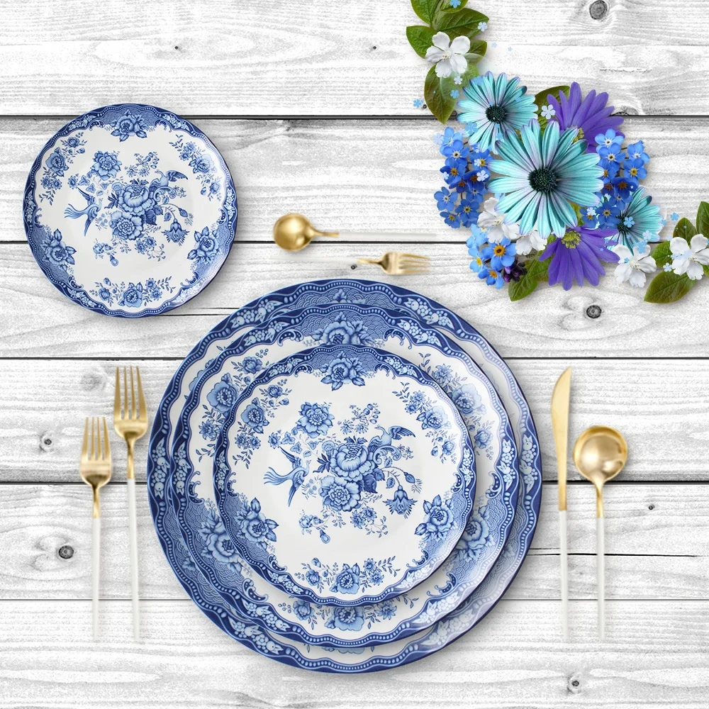 

Home decorator Luxury Blue Flower Pattern Plates Customized Ceramic Dinnerware Sets Charger Plates, As shown