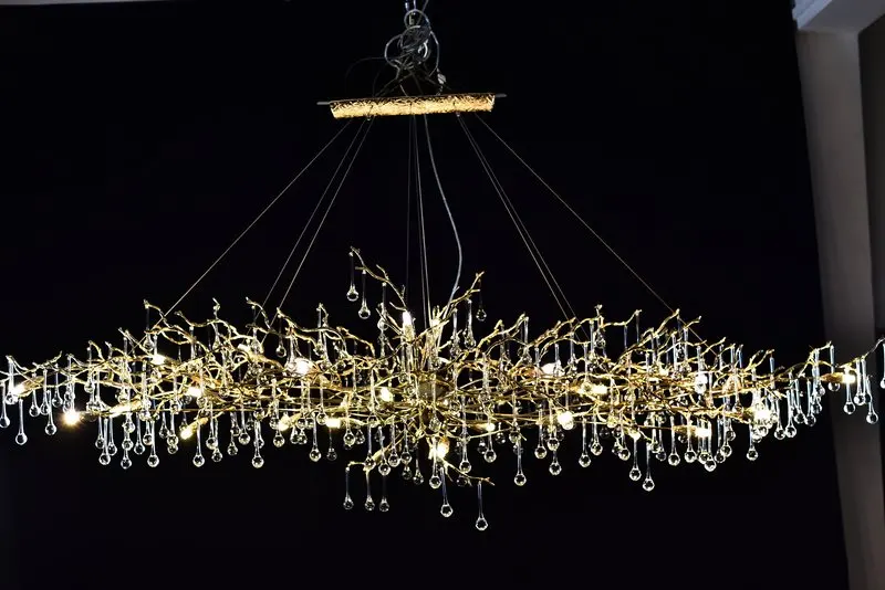 MEEROSEE Modern Linear Copper Tree Branch Hanging Light Fixture Large Golden Brass Crystal Raindrop Chandelier Light MD86194