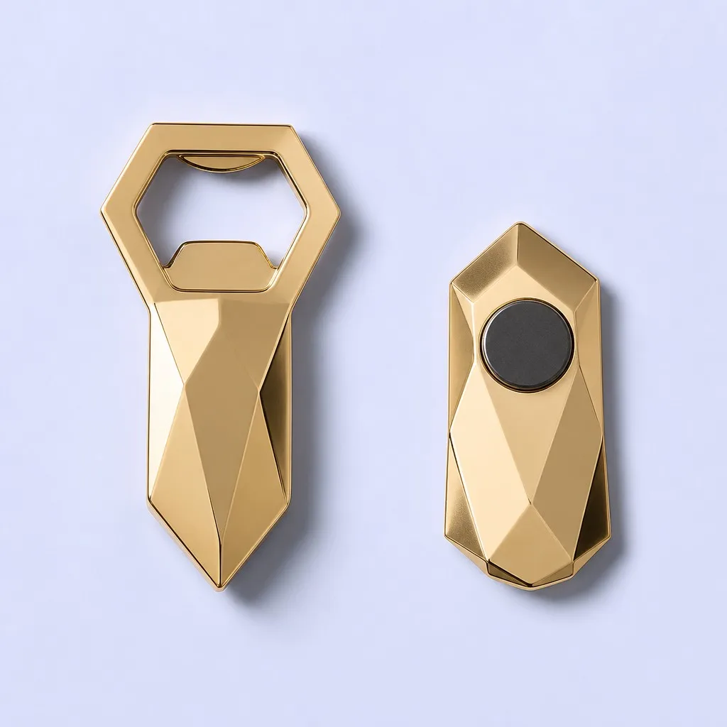 Faceted gold bottle opener beside its matching magnetic base