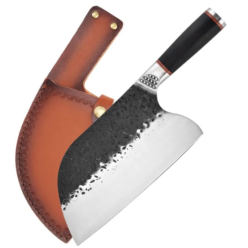 

Outdoor camping Serbian chefs knife wood handle meat cleaver chopper big knife kitchen forged butcher knife with leather sheath