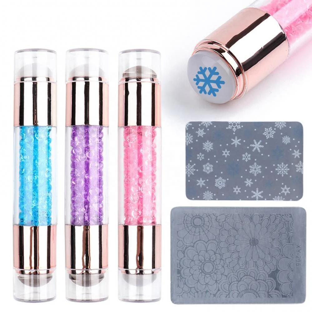 

Double Sided Nail Stamper Stamping Plate Set Jelly Silicone Stamper Crystal Handle Nail Art Stamp Image Stencil Tools, White
