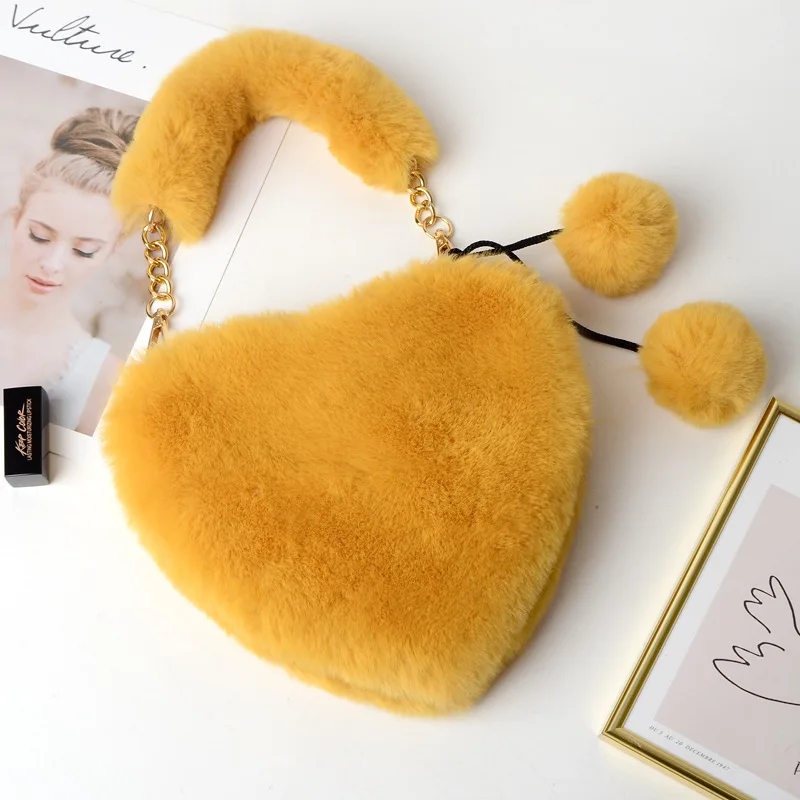 

Ins Web Celebrity Heart Shaped Lady Handbag Wholesale Cute Rex Rabbit Fur Wool Heart Hand Chain Winter Peach White Plush Handbag