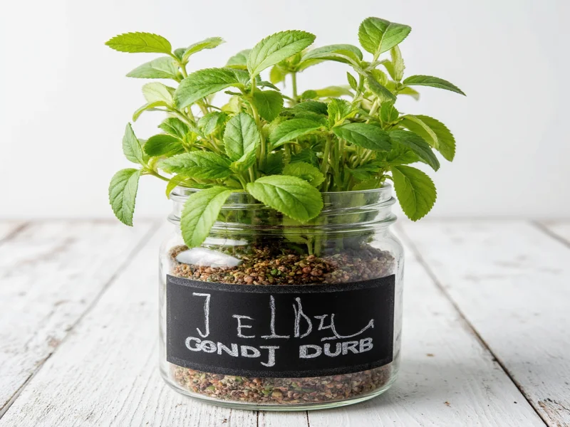 Jelly jar turned into herb planter with chalkboard label
