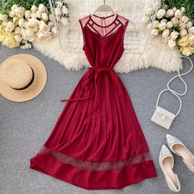 

French Vintage Women Fashion Lace Gauze Sleeveless Pleated Dress