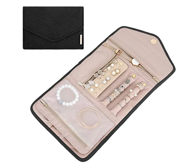 

Travel Jewelry Organizer Roll Case Foldable Hanging Jewelry Bag Hanger For Journey Rings, Necklaces, Bracelets, Earrings, Pink/black/blue