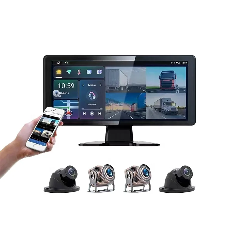 

iPoster 10.1in 4G quad split with DVR GPS navigation Built in BT and touch screen 1600x720 Monitor and 1080P cameras 4G kit