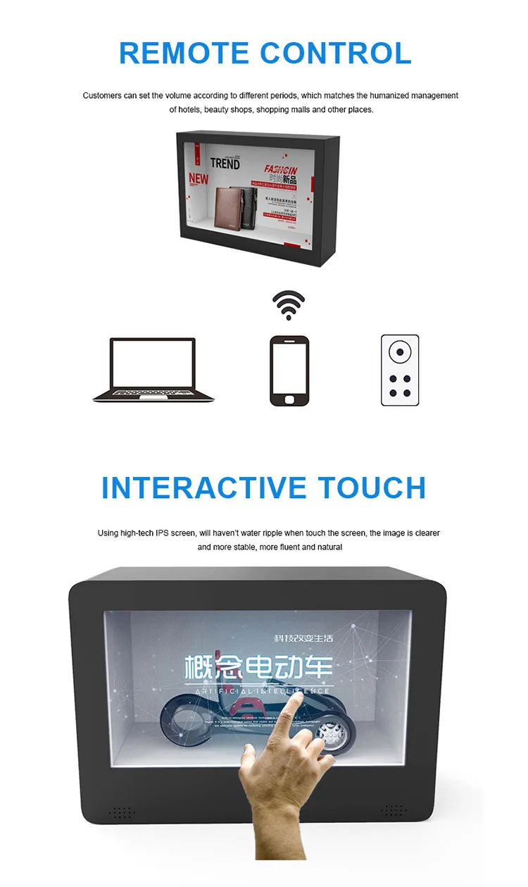 21.5 inch tft lcd panel display transparent touch screen box pcap advertising display cabinet