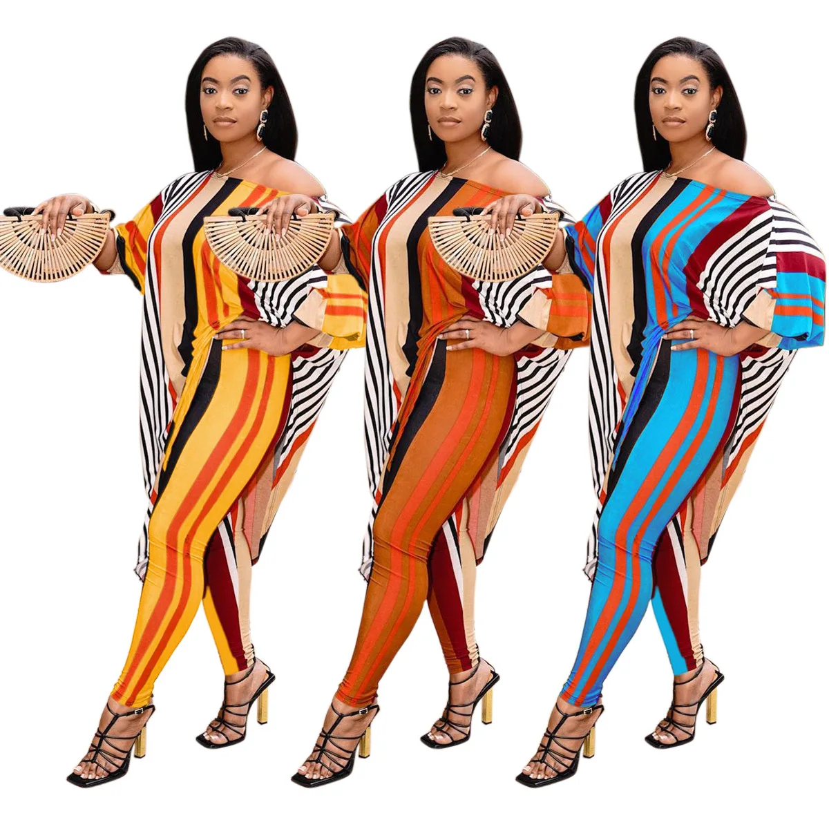 

2021 New Arrivals Fashion Women Casual Slash Neck Short Sleeve Irregular T-shirt Leggings 2 Pieces Set Striped Tracksuit, Picture show