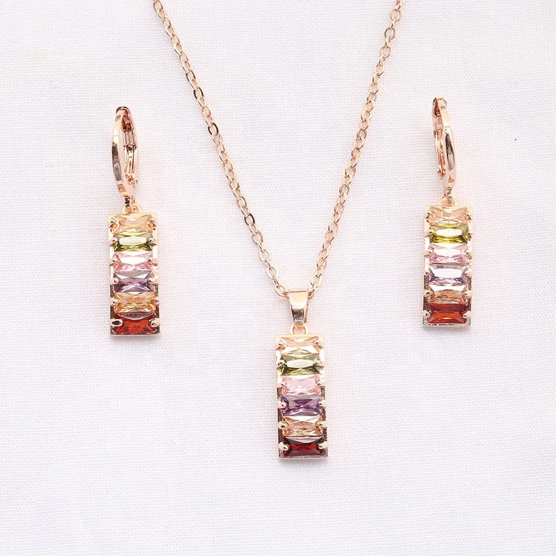 

New Rainbow Crystal Zircon Strip Jewelry Set For Women Necklace Earrings Rose Gold Color Wedding Jewelry Accessories, Customized color
