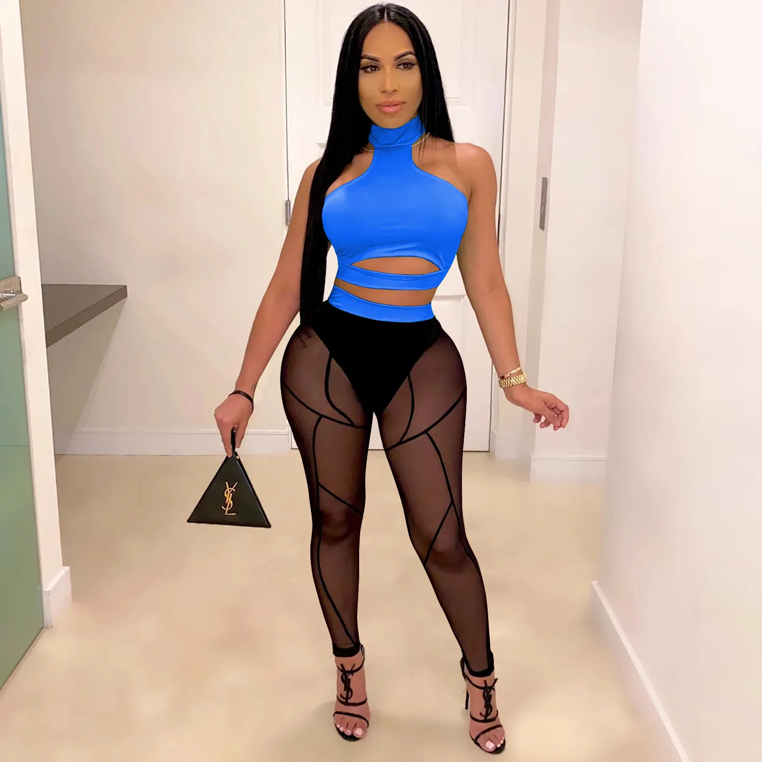 

Fashion Sexy Hollow Out Perspective Pants Set 2 Two Piece Set Women Clothing Outfit Club Wear, Fluorescent green,blue,red,black