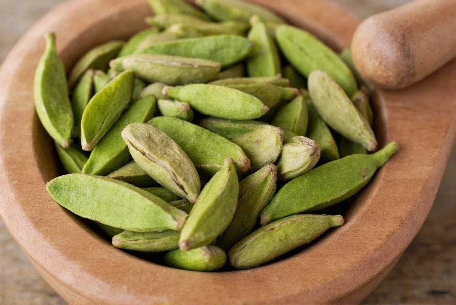 Fresh green cardamom pods displayed in a wooden bowl next to mortar and pestle
