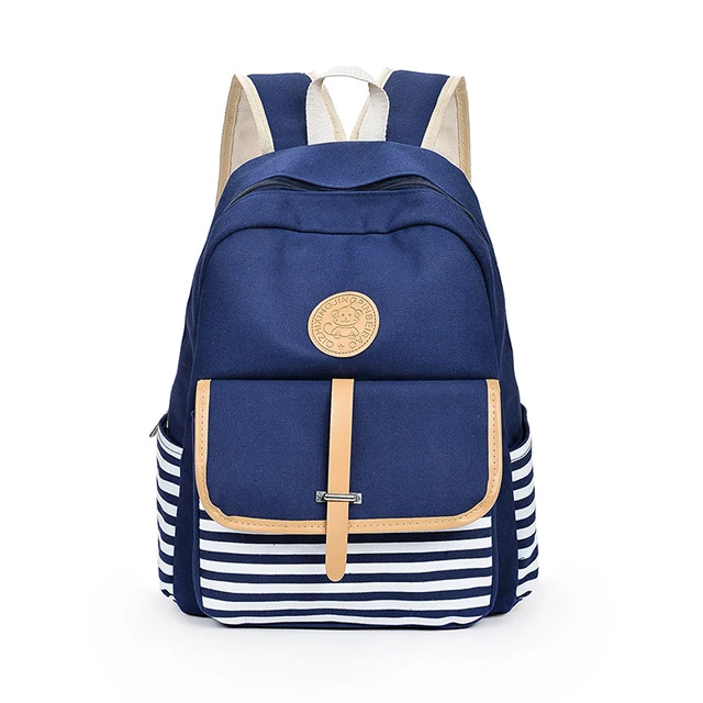 

Cheap Wholesale Custom Logo Stripe Canvas Cute Korean Preppy Style Satchel Bag School Backpack Bag Rucksack For Girls Ladies, Custom color