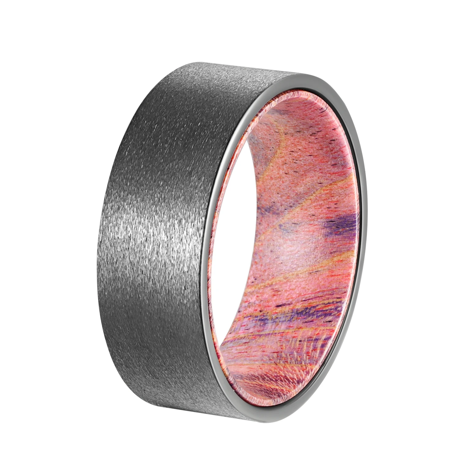 

Poya 5.5mm 8mm Comfort Fit Pink Purple Box Elder Wooden Ring With Sandblasted Gunmetal Tungsten Shell